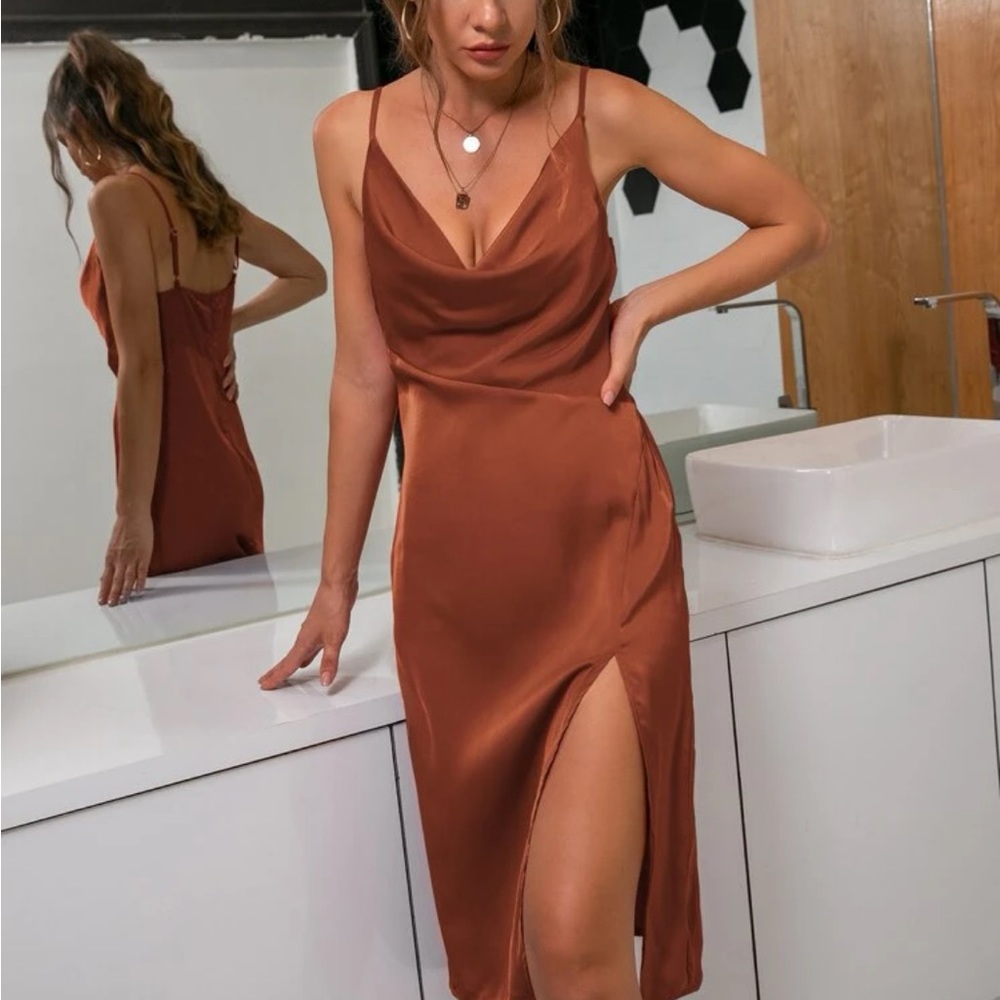 Burnt Orange Cowl Neck Satin Dress